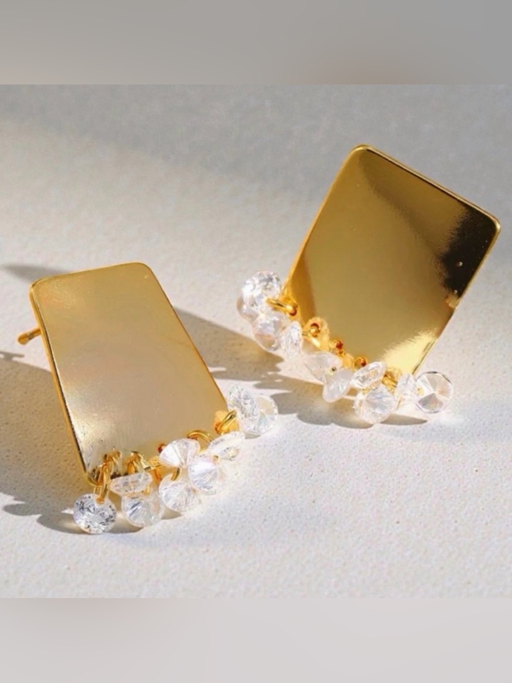 Modern Gold Rectangle Drop Earrings with Crystal Fringe